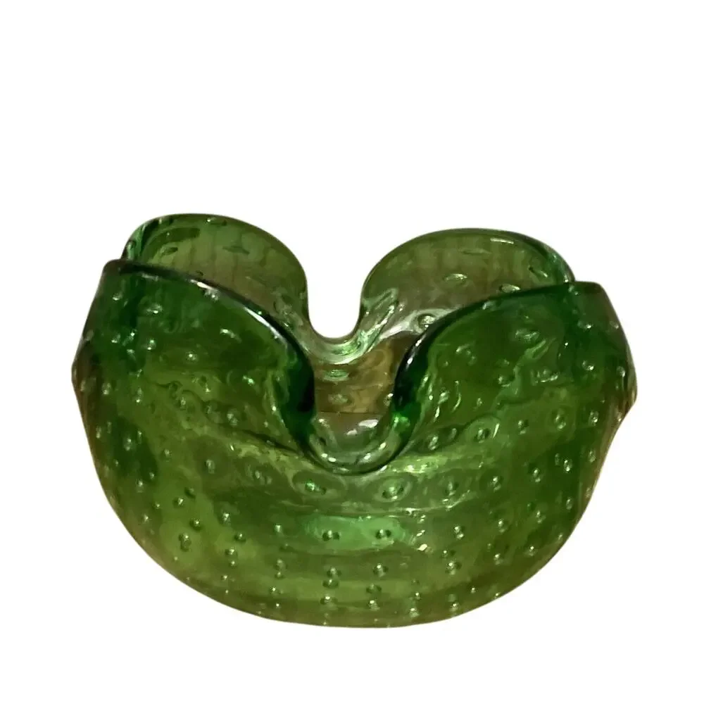Vintage Italian Bullicante Art Glass Ashtray Murano Style Green Bowl 4.125